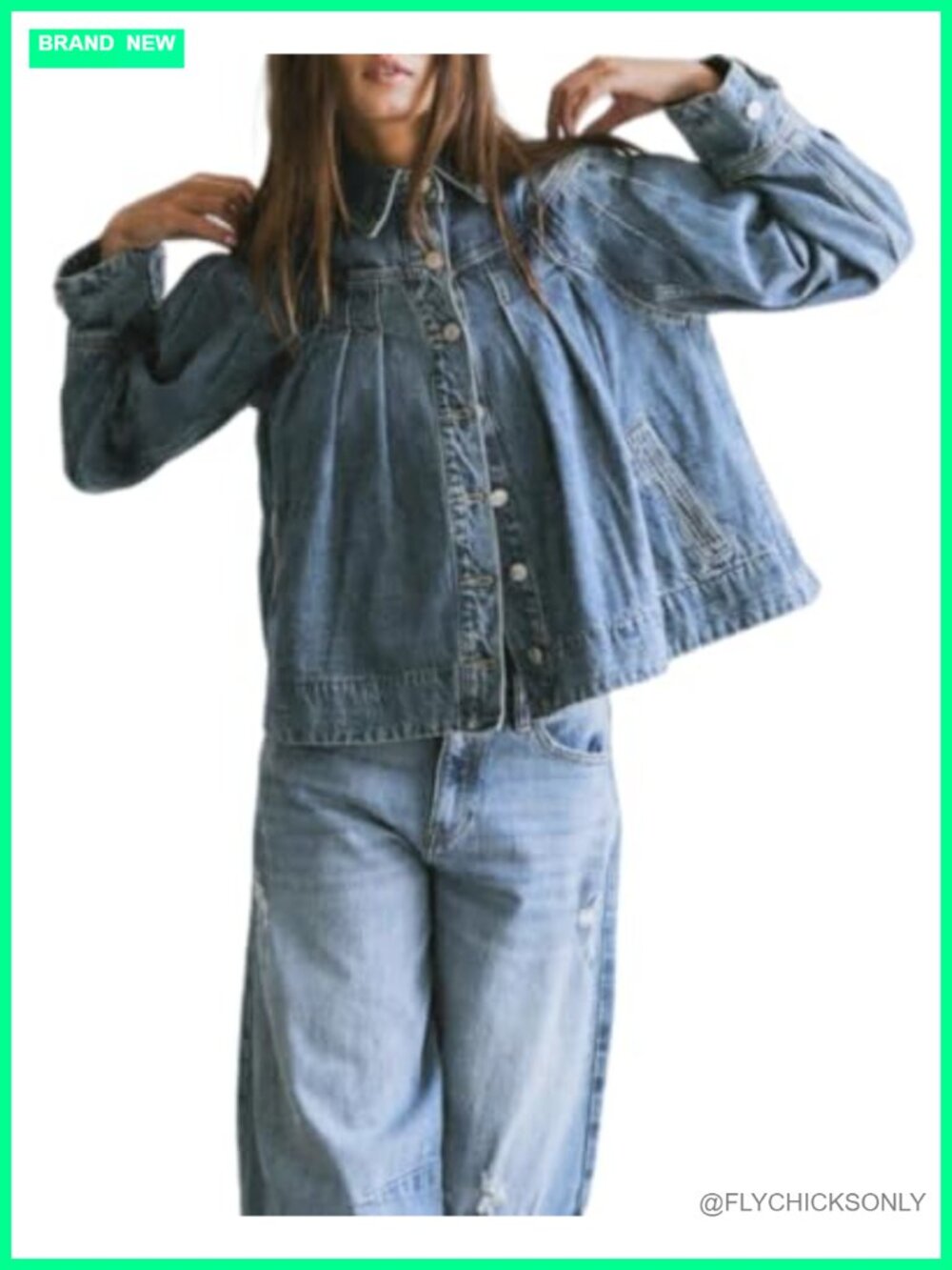 Cropped Denim Jacket Long Sleeve Button Down Pleated Jean Jacket Women